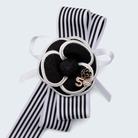 Black & White Ribbon Camellia Brooch - Black Camellia with Charm - Picture 1 of 5
